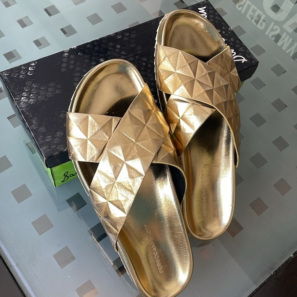 Rebecca Minkoff Chunky Gold Geometric Sandals - Picture 2 of 5